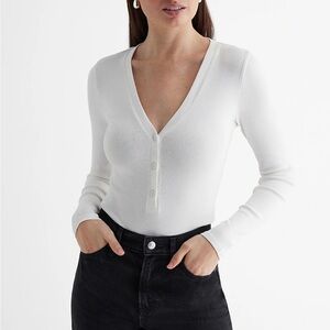 NWT! Express Ribbed V-Neck White Henley Bodysuit